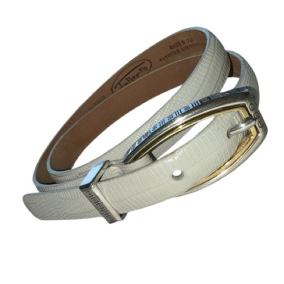 Talbots Accessories - Talbots Cream Reptile Print Thin Leather Belt Mixed Metal Silver Gold Buckle XS